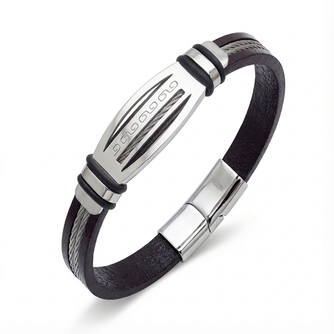 Grek anahtarı desenli çelik plakalı, çelik halatlı deri toptan erkek bileklik