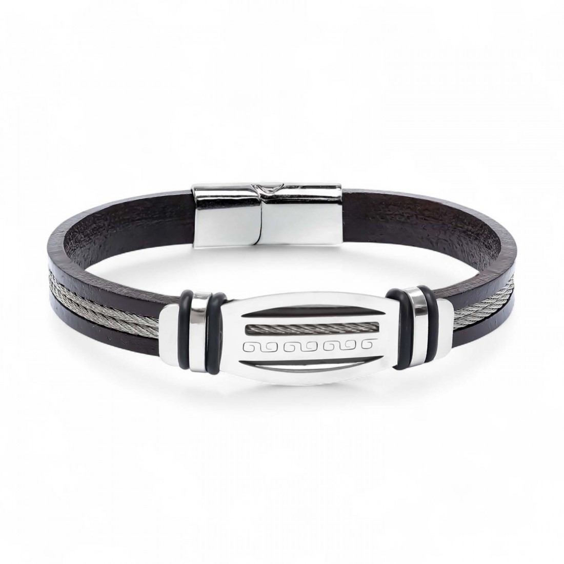 Grek anahtarı desenli çelik plakalı, çelik halatlı deri toptan erkek bileklik