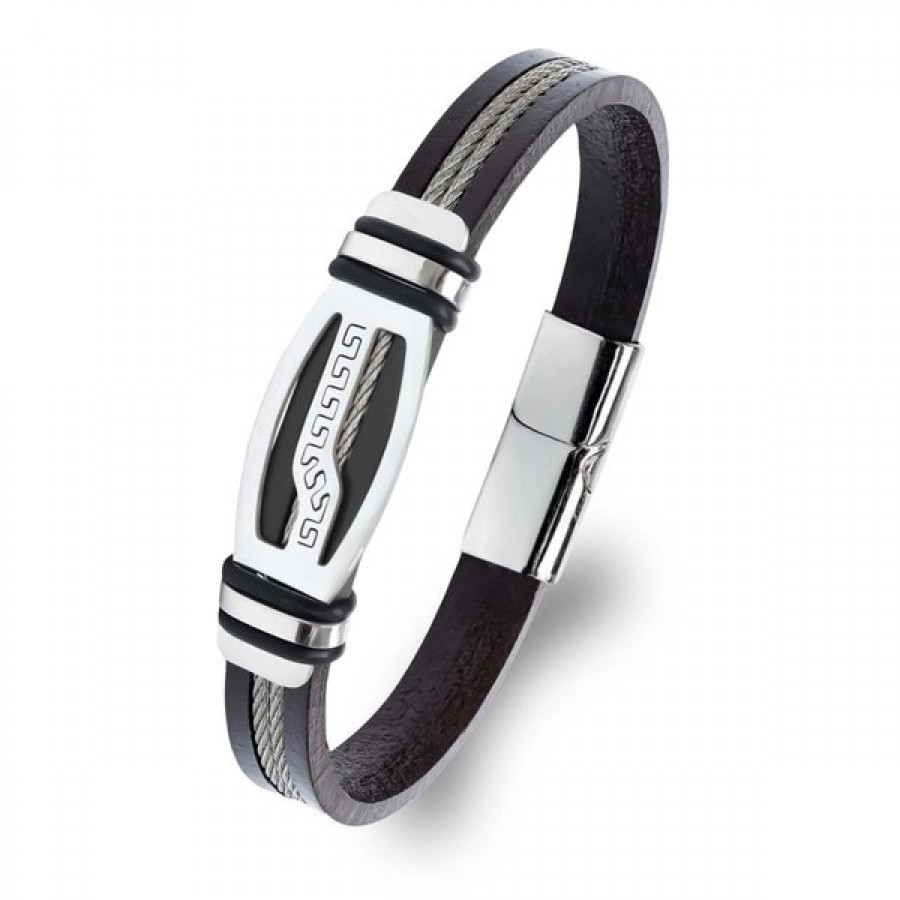 Deri kordonlu, çelik orta plakalı, çelik halat şeritli ve krom kilitli toptan erkek bileklik