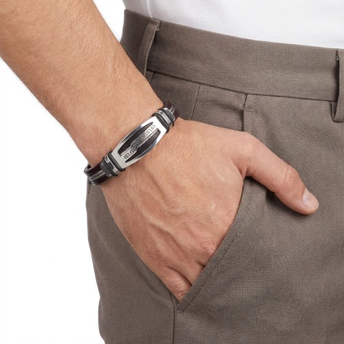 Genuine Leather Strap with Steel Center Plate & Steel Cable Details (Chrome Clasp) Men’s Bracelet