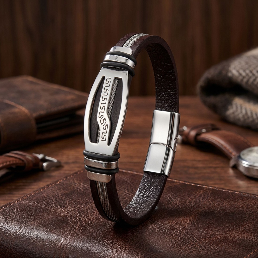 Deri kordonlu, çelik orta plakalı, çelik halat şeritli ve krom kilitli toptan erkek bileklik