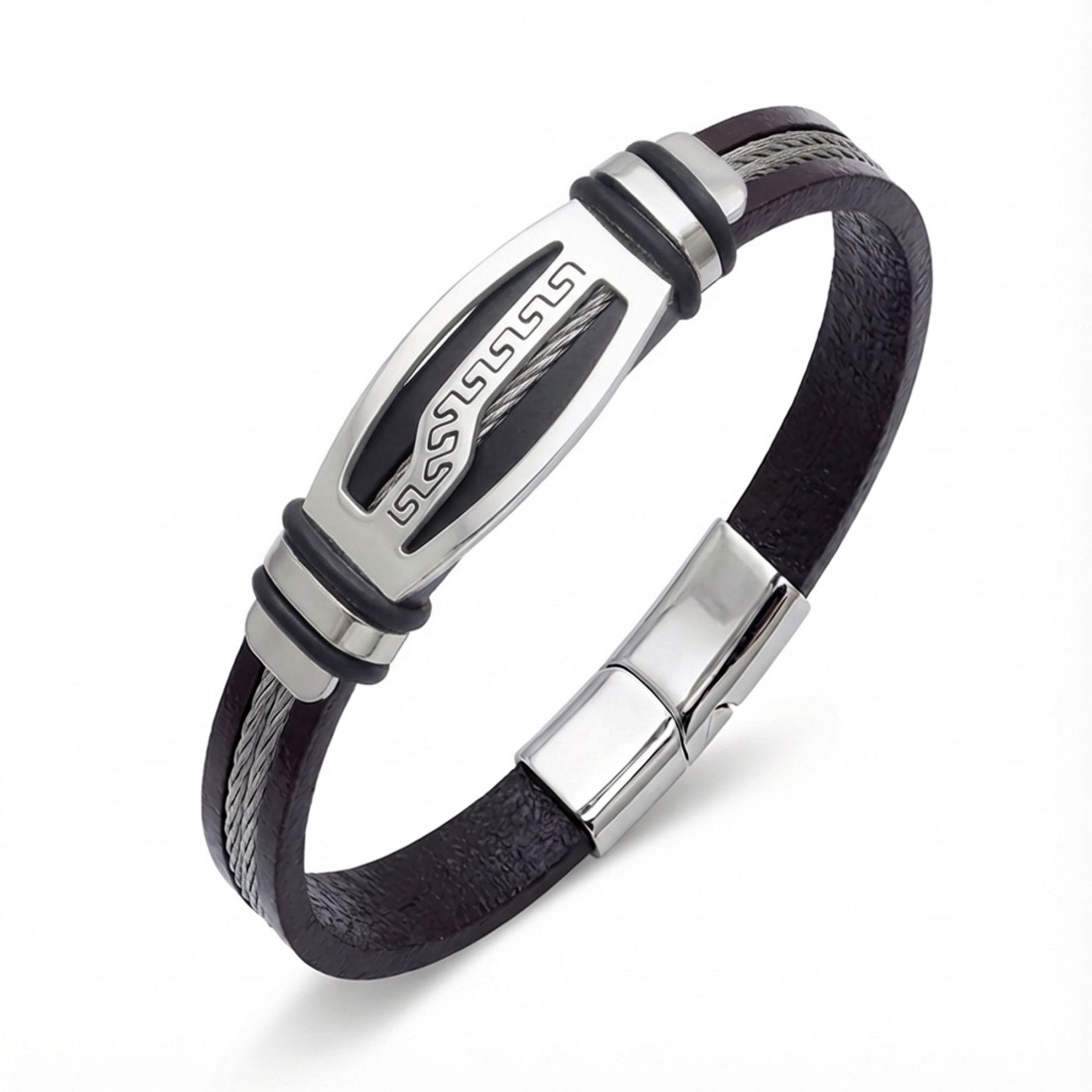 Deri kordonlu, çelik orta plakalı, çelik halat şeritli ve krom kilitli toptan erkek bileklik