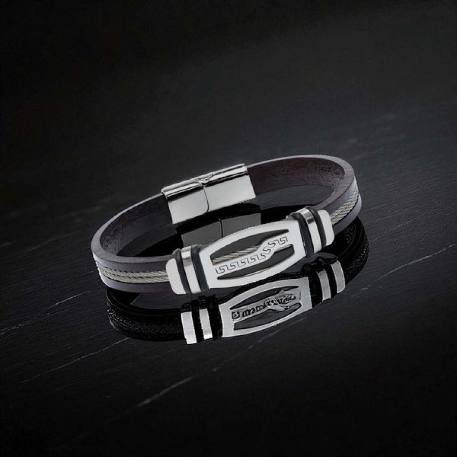 Deri kordonlu, çelik orta plakalı, çelik halat şeritli ve krom kilitli toptan erkek bileklik