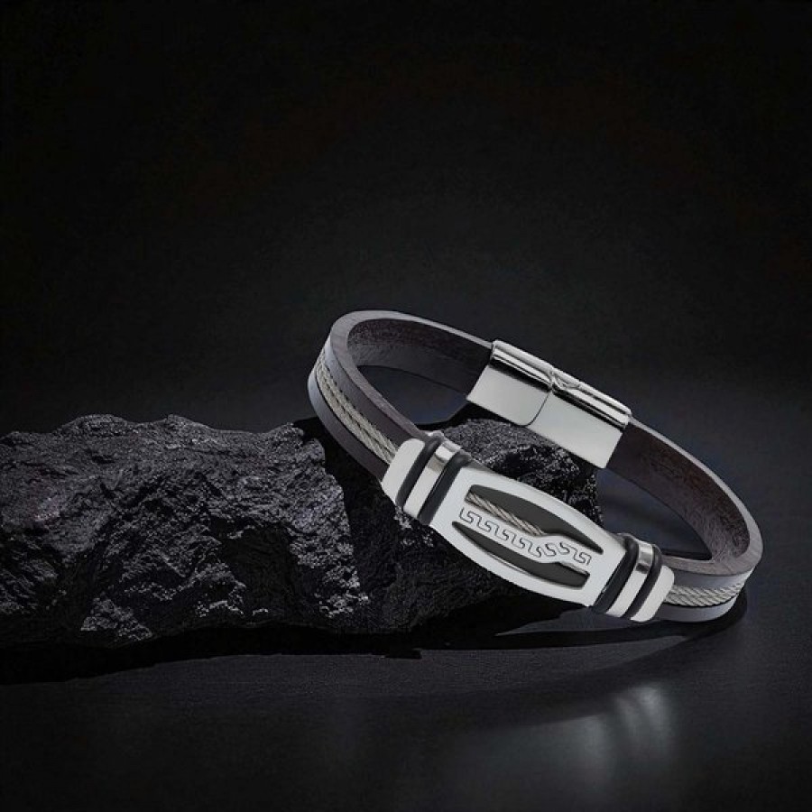 Deri kordonlu, çelik orta plakalı, çelik halat şeritli ve krom kilitli toptan erkek bileklik