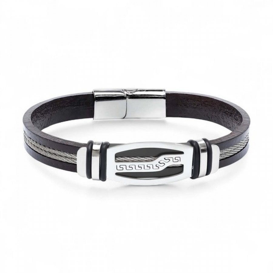 Deri kordonlu, çelik orta plakalı, çelik halat şeritli ve krom kilitli toptan erkek bileklik