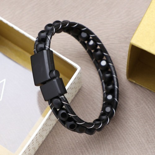 Desenli Oniks Doğaltaşlı Deri Bileklik