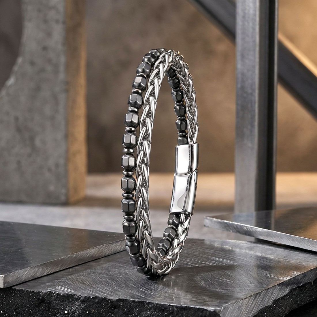 İki Sıralı Doğaltaş ve Çelik Bileklik - Toptan Erkek Takı