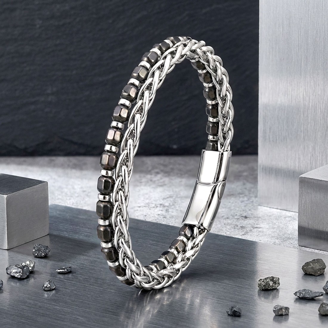 İki Sıralı Doğaltaş ve Çelik Bileklik - Toptan Erkek Takı