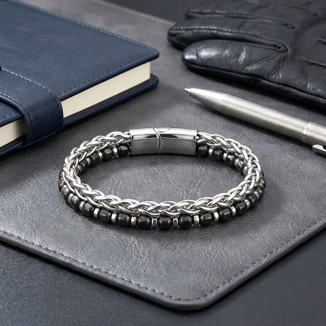 İki Sıralı Doğaltaş ve Çelik Bileklik - Toptan Erkek Takı