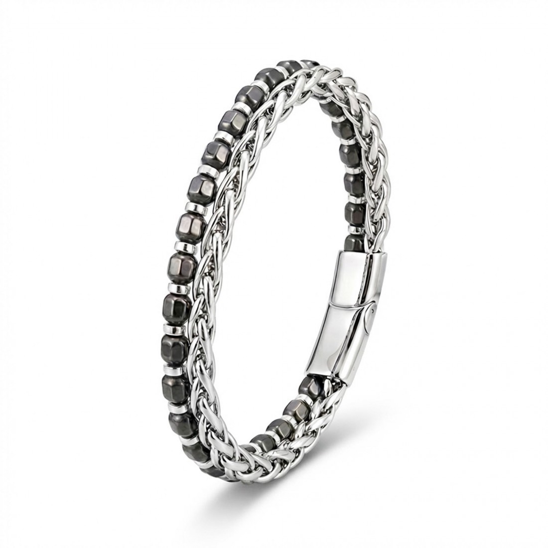 İki Sıralı Doğaltaş ve Çelik Bileklik - Toptan Erkek Takı