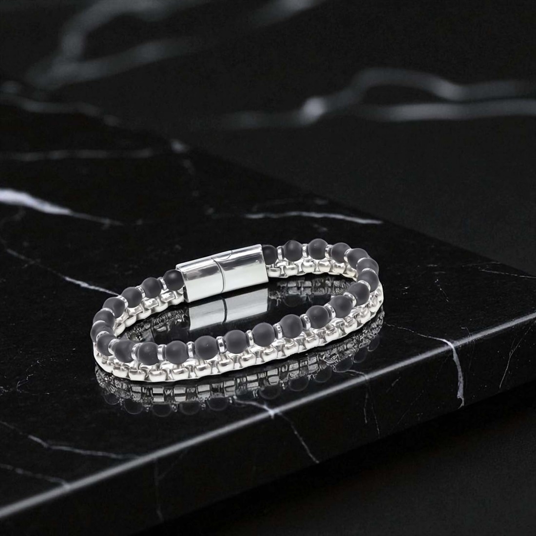 İki Sıralı Doğaltaş ve Çelik Bileklik - Toptan Erkek Takı