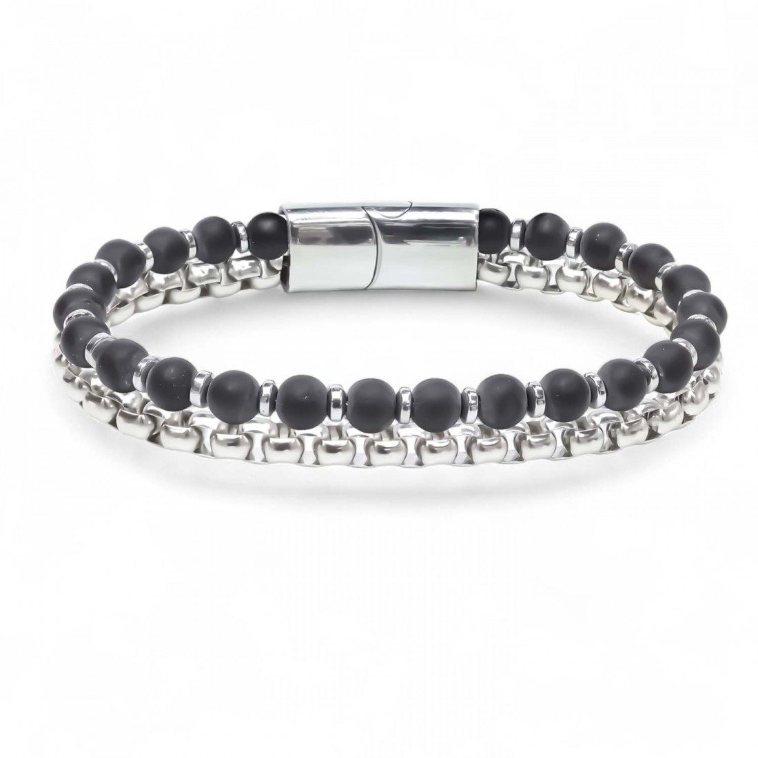 İki Sıralı Doğaltaş ve Çelik Bileklik - Toptan Erkek Takı