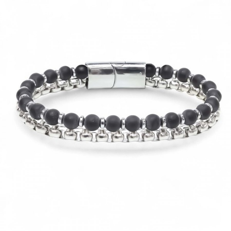 İki Sıralı Doğaltaş ve Çelik Bileklik - Toptan Erkek Takı