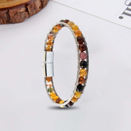 Faset Kahve Akik Doğaltaş Ve Çelik Halat Örme Bileklik