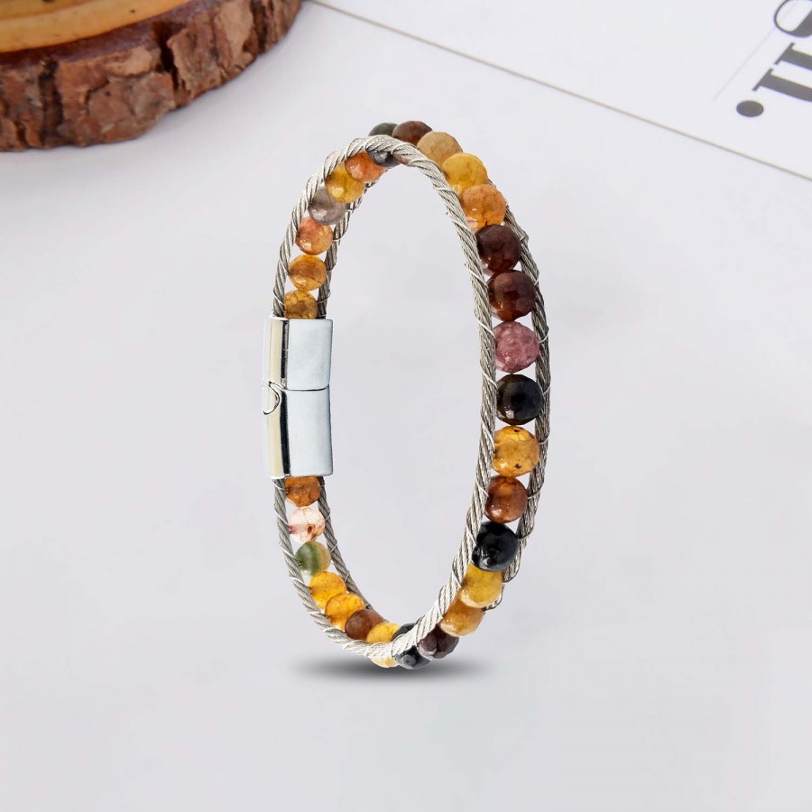 Faset Kahve Akik Doğaltaş Ve Çelik Halat Örme Bileklik