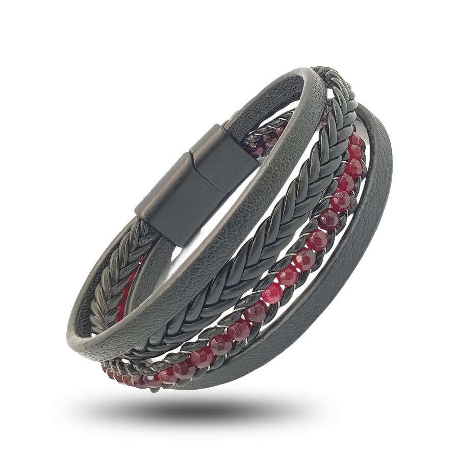 Faset Kesim Kan Akik Doğaltaş Ve Deri Bileklik