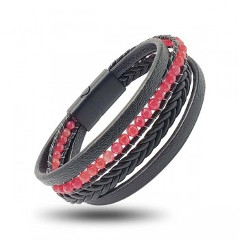 Faset Kırmızı Akik Doğaltaş Ve Deri Bileklik