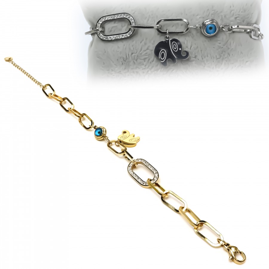 Fil Ve Nazar Boncuklu Kadın Çelik Bileklik