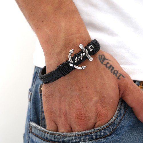 Gemici Çapası Figürlü 316L Ayar Çelik Ve Orjinal Deri Billeklik