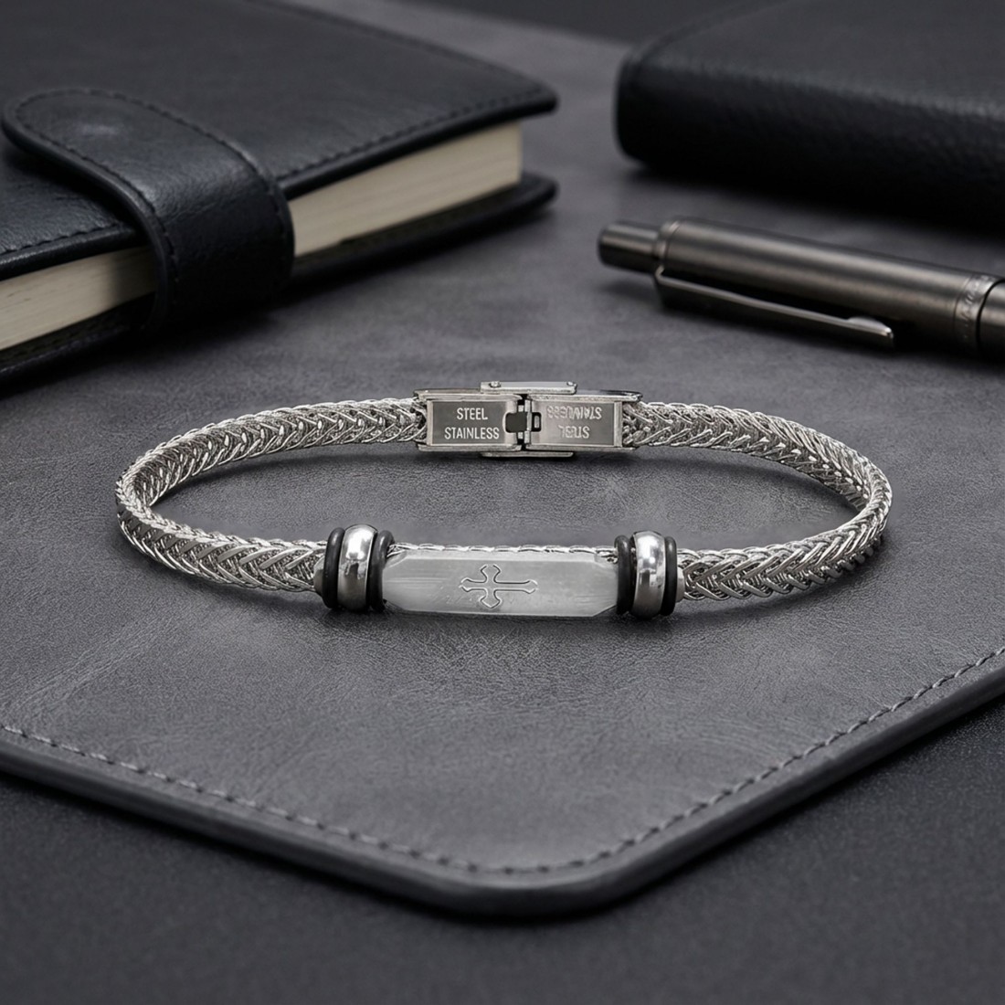 Gothic Cross Çelik Hasır Örgülü Ayarlanabilir Bileklik