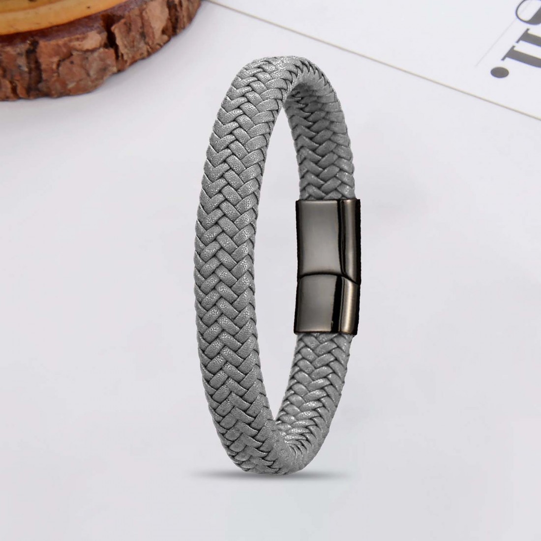 Gri Deri Örgü Çelik Bileklik