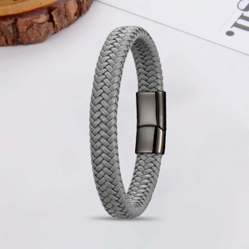 Gri Deri Örgü Çelik Bileklik