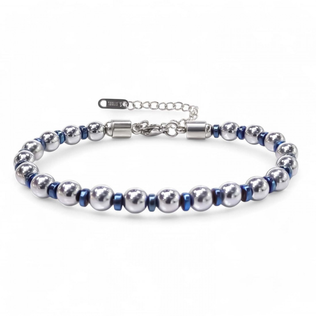 Gümüş Ve Mavi Renkli Hematit Ayaranabilir Çelik Zincir Bileklik