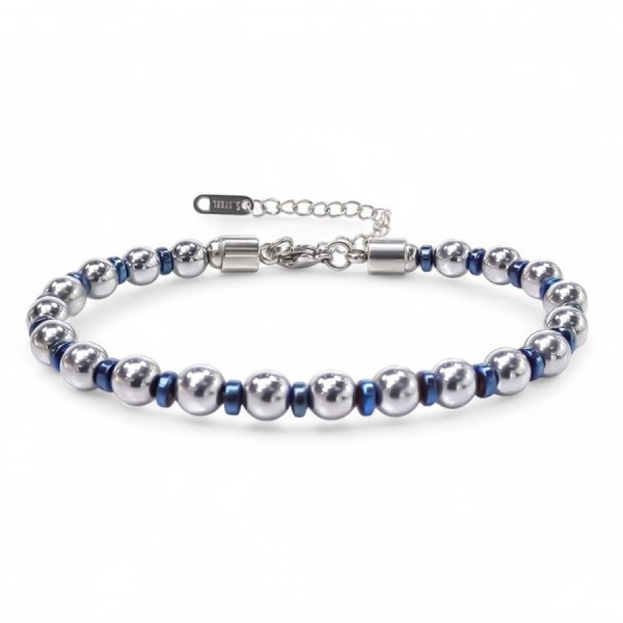 Gümüş Ve Mavi Renkli Hematit Ayaranabilir Çelik Zincir Bileklik