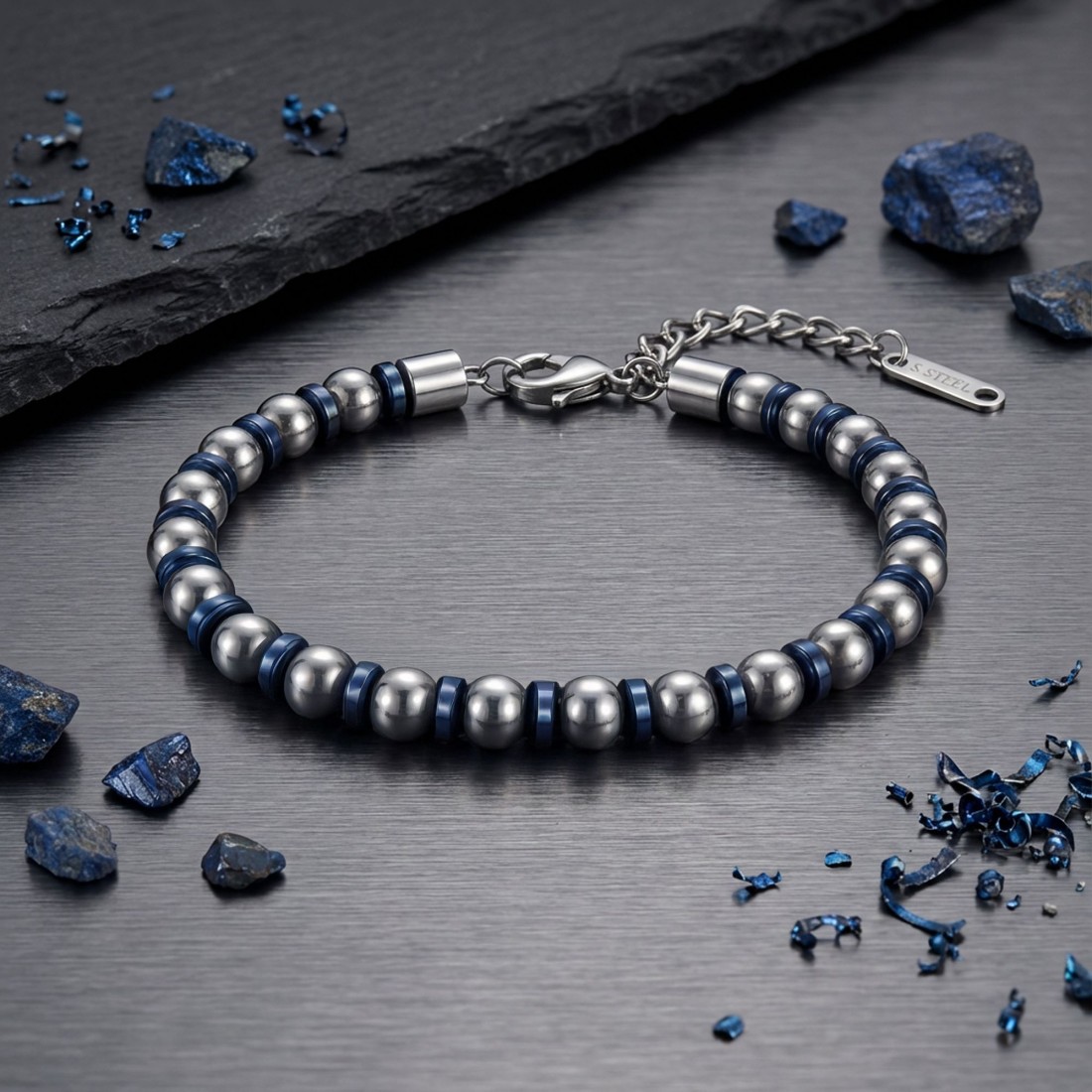 Gümüş Ve Mavi Renkli Hematit Ayaranabilir Çelik Zincir Bileklik