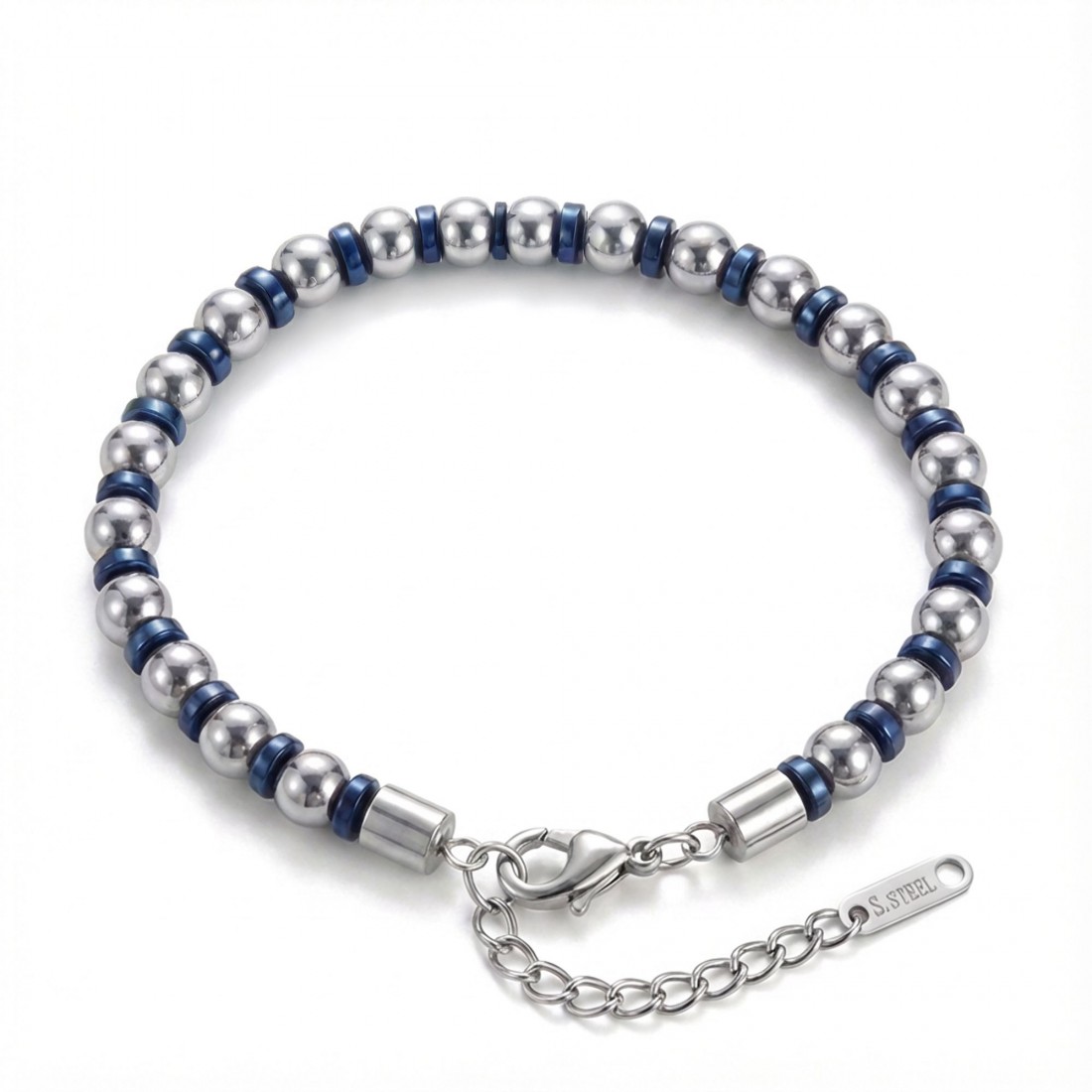 Gümüş Ve Mavi Renkli Hematit Ayaranabilir Çelik Zincir Bileklik