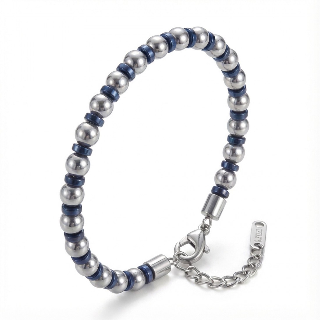 Gümüş Ve Mavi Renkli Hematit Ayaranabilir Çelik Zincir Bileklik