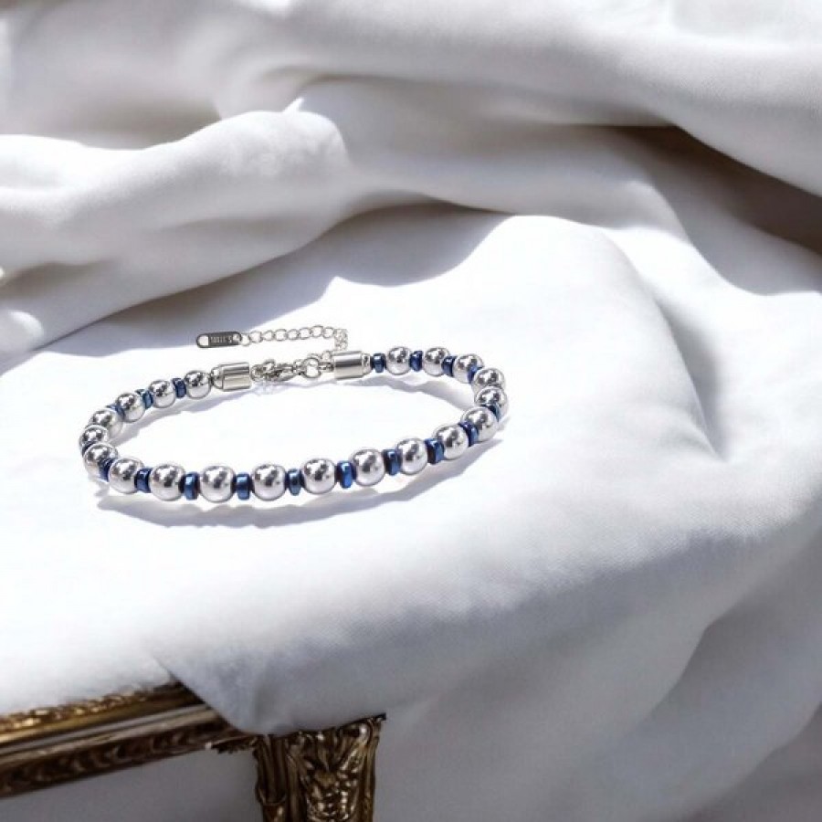 Gümüş Ve Mavi Renkli Hematit Ayaranabilir Çelik Zincir Bileklik