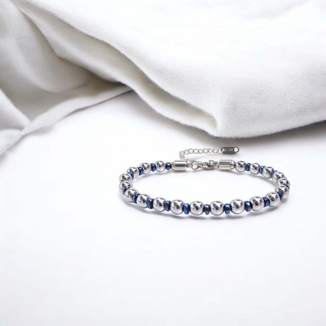 Gümüş Ve Mavi Renkli Hematit Ayaranabilir Çelik Zincir Bileklik