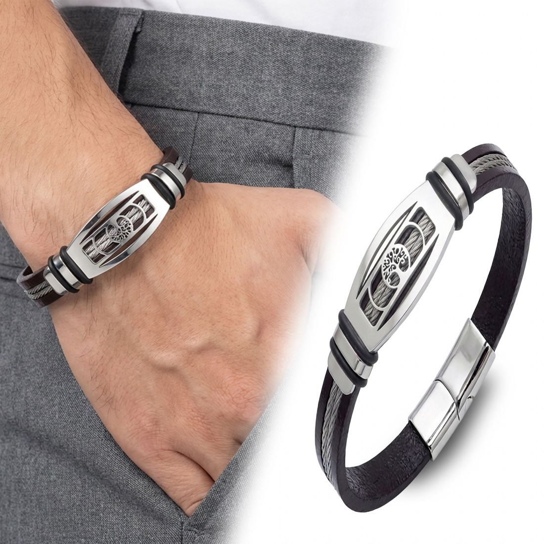 Hayat Ağacı motifli çelik plakalı, çelik halatlı deri toptan erkek bileklik