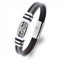 Hayat Ağacı Deri Kordonlu Çelik Halatlı Erkek Bileklik