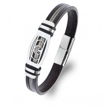 Tree of Life Steel Plate, Steel-Cable & Leather Men’s Bracelet (Chrome Clasp)