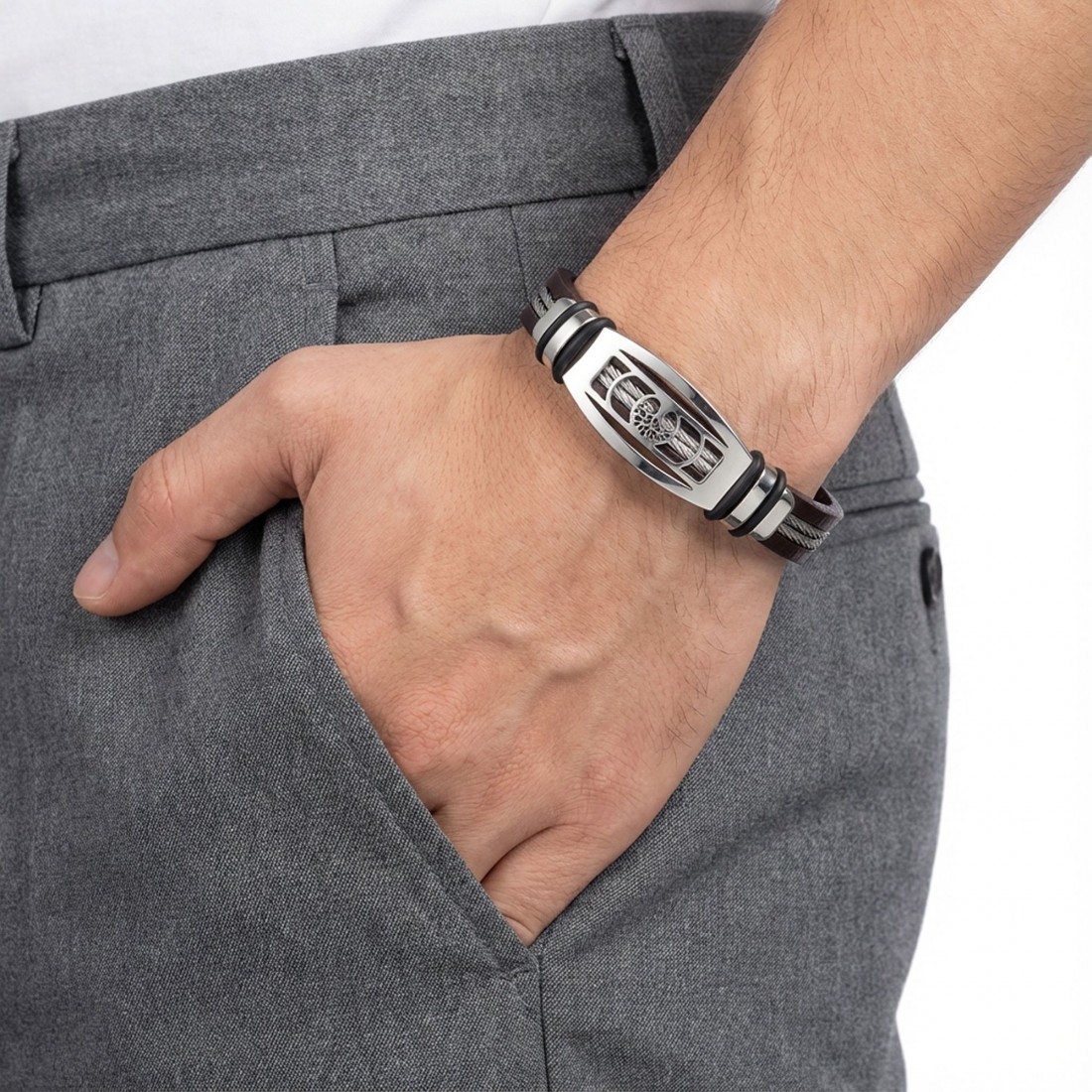 Hayat Ağacı motifli çelik plakalı, çelik halatlı deri toptan erkek bileklik