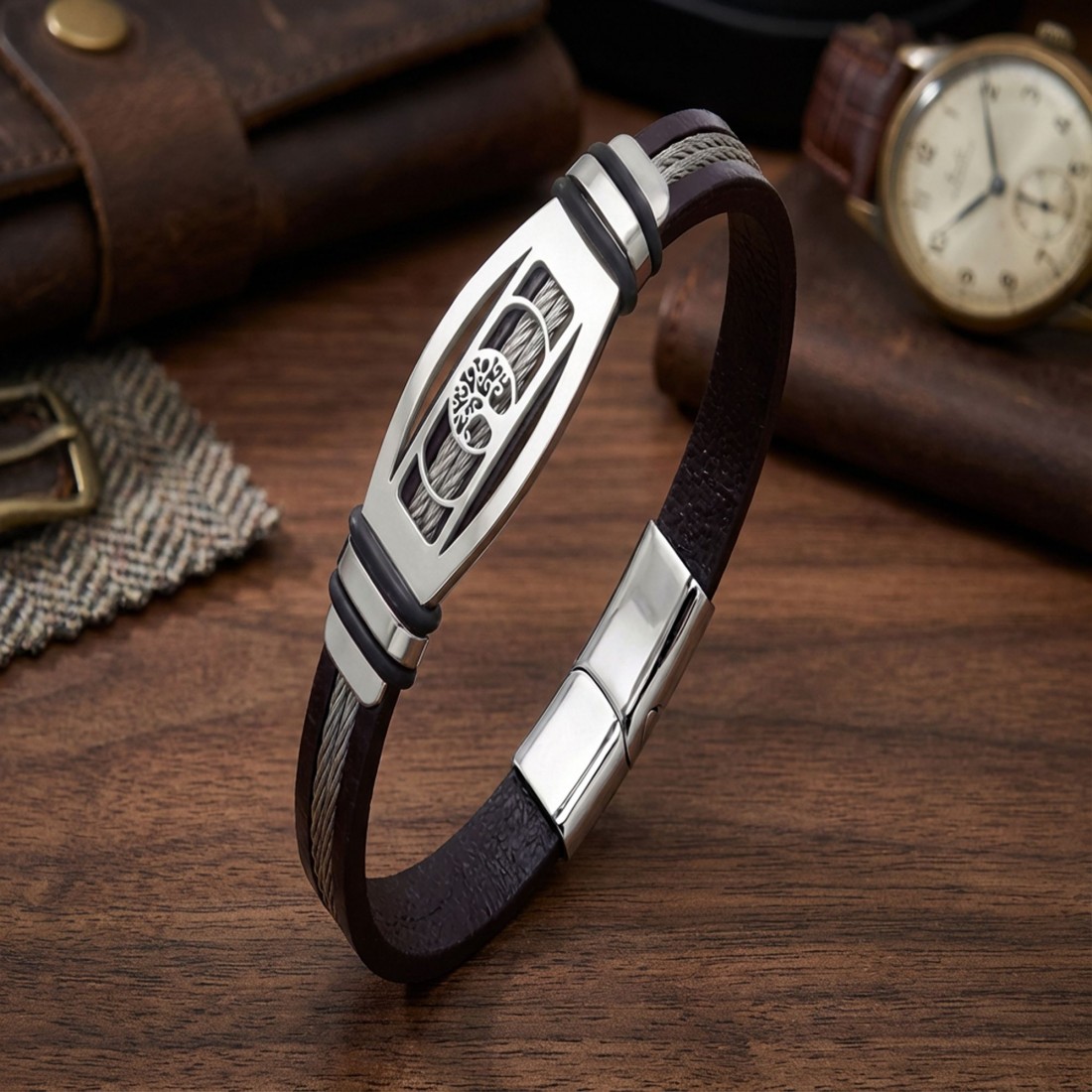 Hayat Ağacı motifli çelik plakalı, çelik halatlı deri toptan erkek bileklik