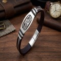 Hayat Ağacı motifli çelik plakalı, çelik halatlı deri toptan erkek bileklik