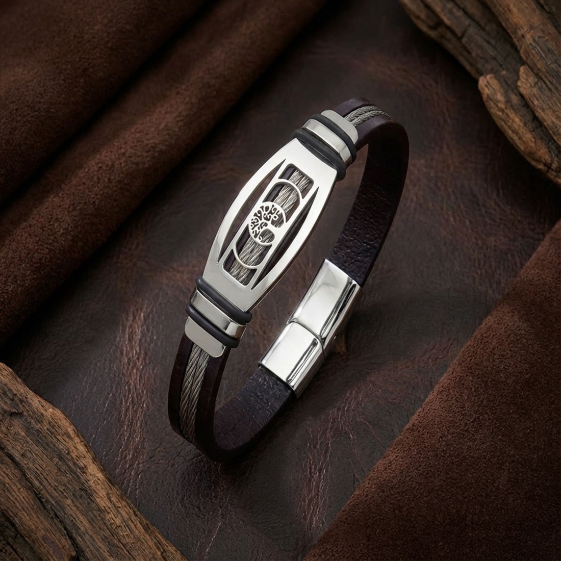 Hayat Ağacı motifli çelik plakalı, çelik halatlı deri toptan erkek bileklik
