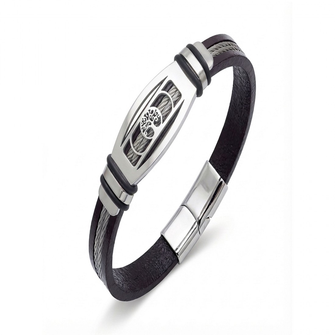 Hayat Ağacı motifli çelik plakalı, çelik halatlı deri toptan erkek bileklik