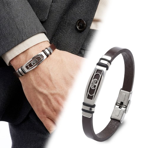 Hayat Ağacı Motifli Ayarlanabilir Kordonlu Erkek Deri Ve Çelik Bileklik