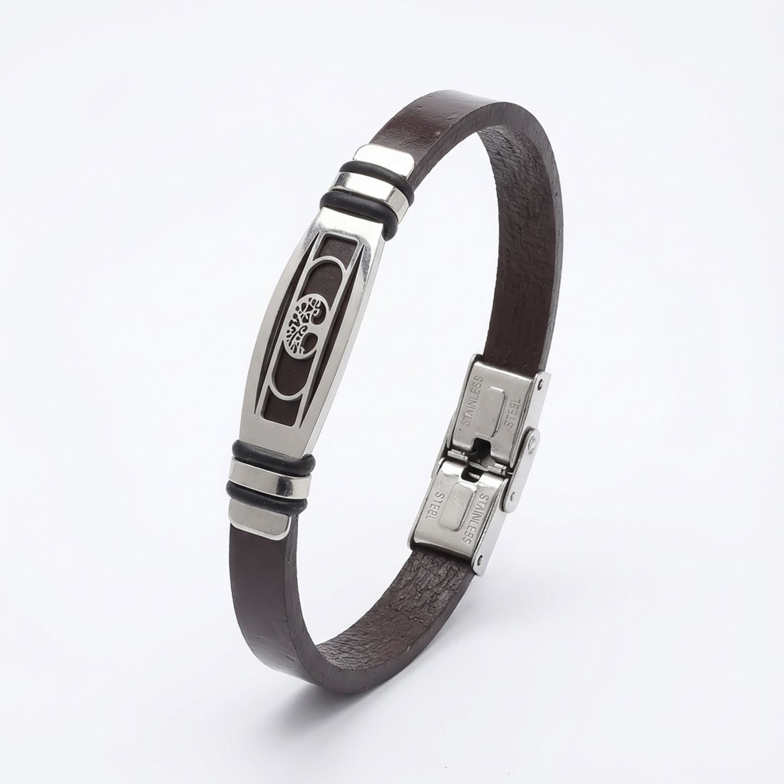 Hayat Ağacı Motifli Ayarlanabilir Kordonlu Erkek Deri Ve Çelik Bileklik