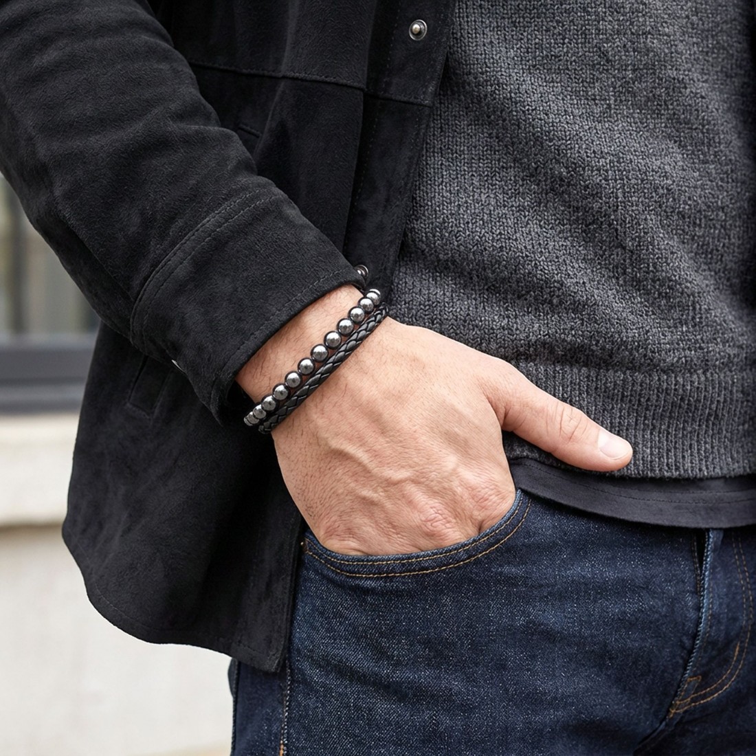 Hematit Doğaltaş Deri Erkek Bileklik