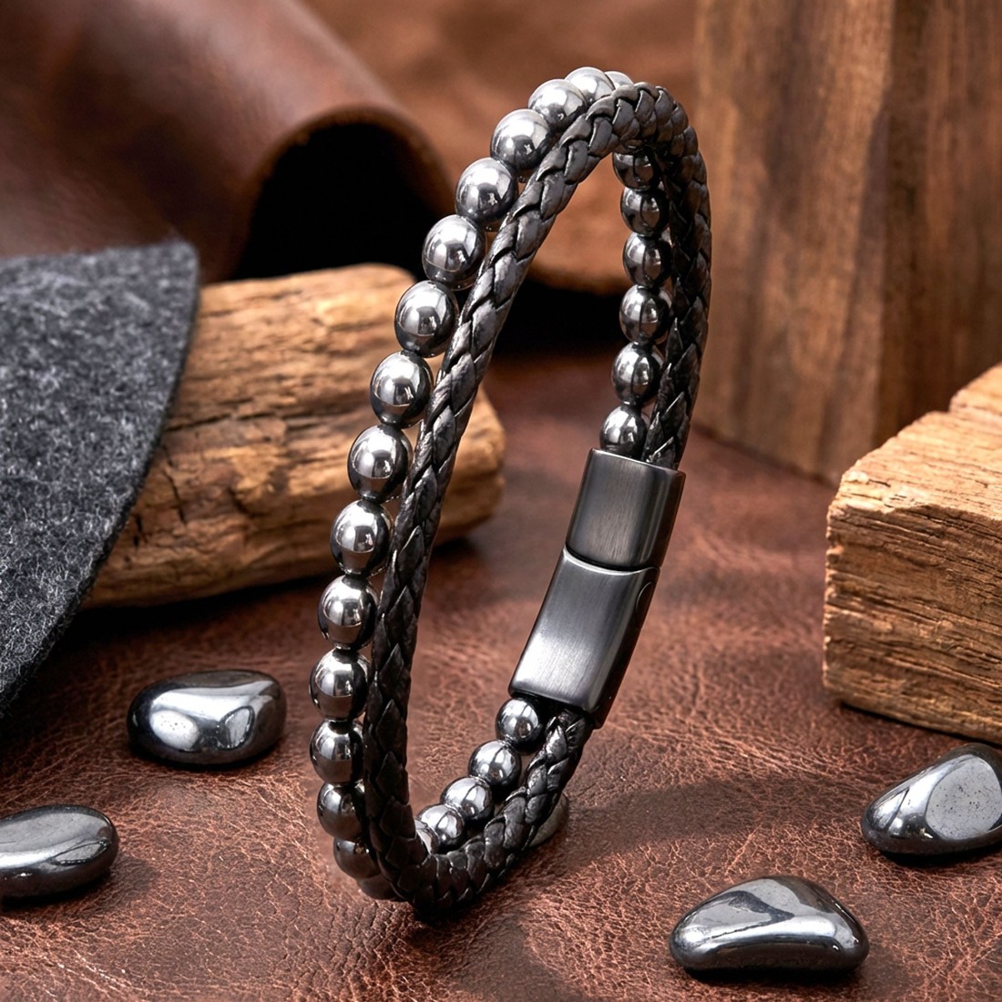 Hematit Doğaltaş Deri Erkek Bileklik