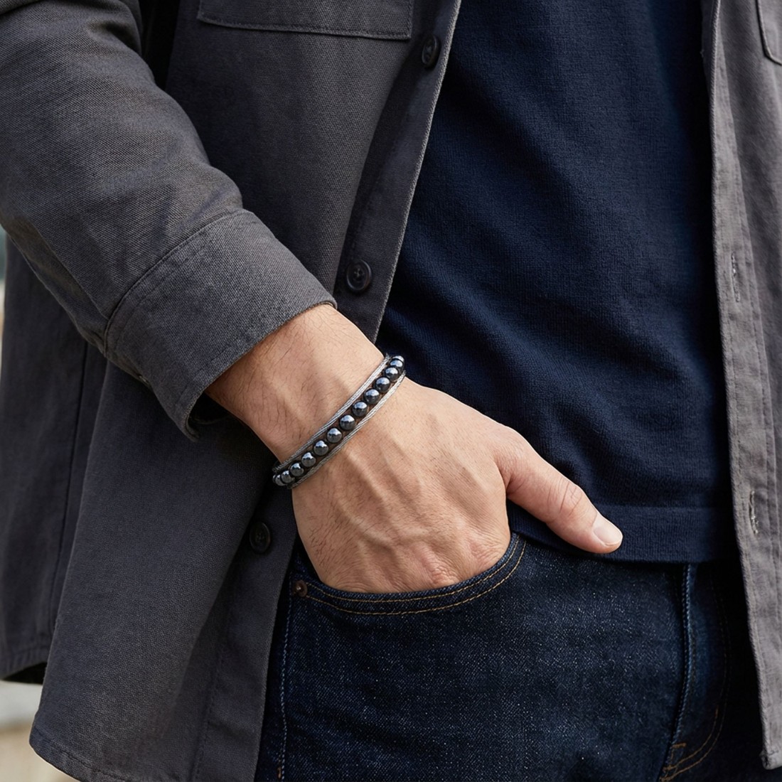 Hematit Doğaltaş Ve Çelik Halat Örme Bileklik