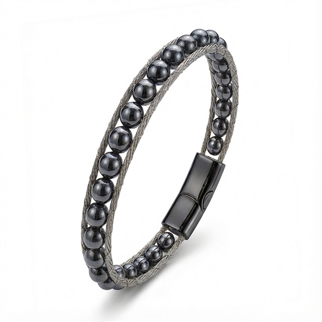 Hematit Doğaltaş Ve Çelik Halat Örme Bileklik