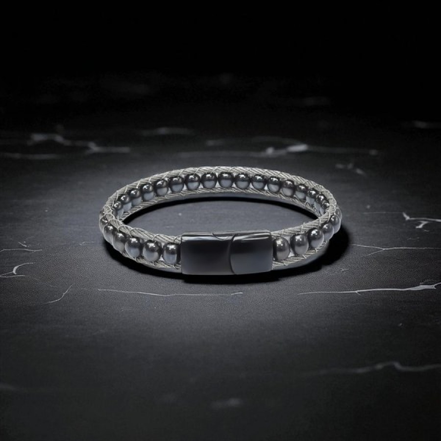 Hematit Doğaltaş Ve Çelik Halat Örme Bileklik