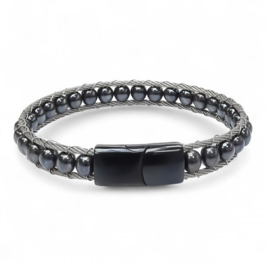 Hematit Doğaltaş Ve Çelik Halat Örme Bileklik