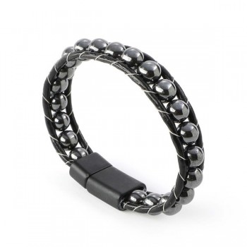 Hematit Doğaltaşlı Deri Bileklik